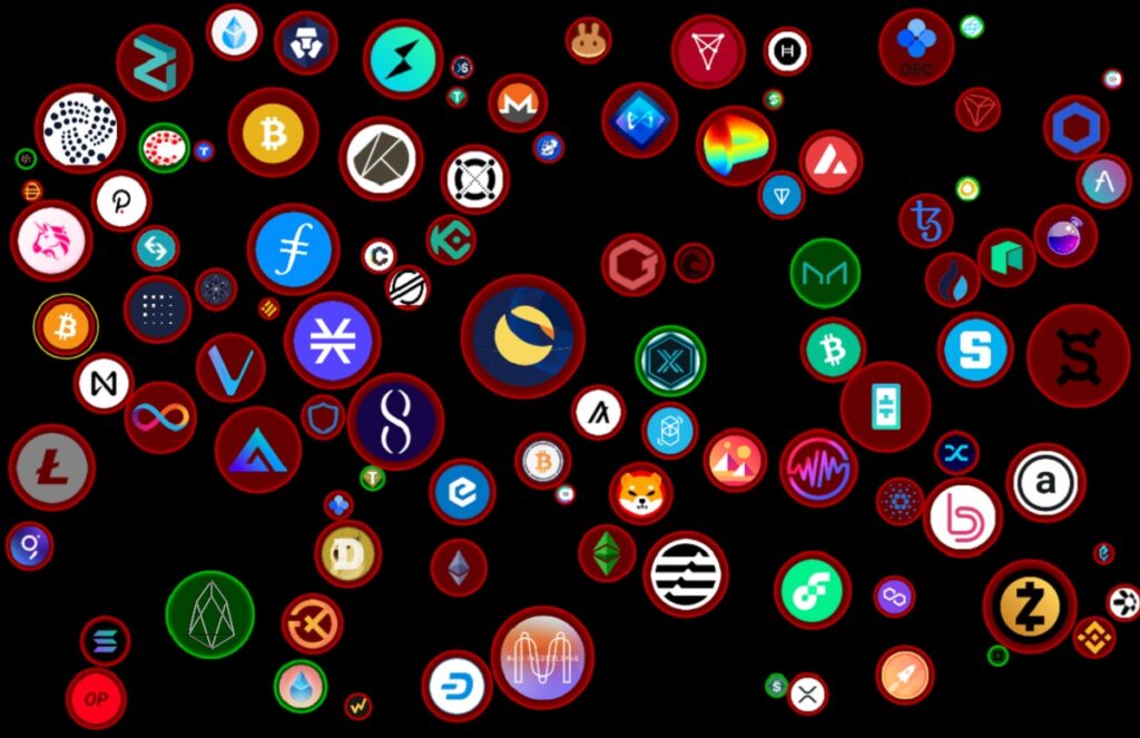 logos de criptomonedas en rojo