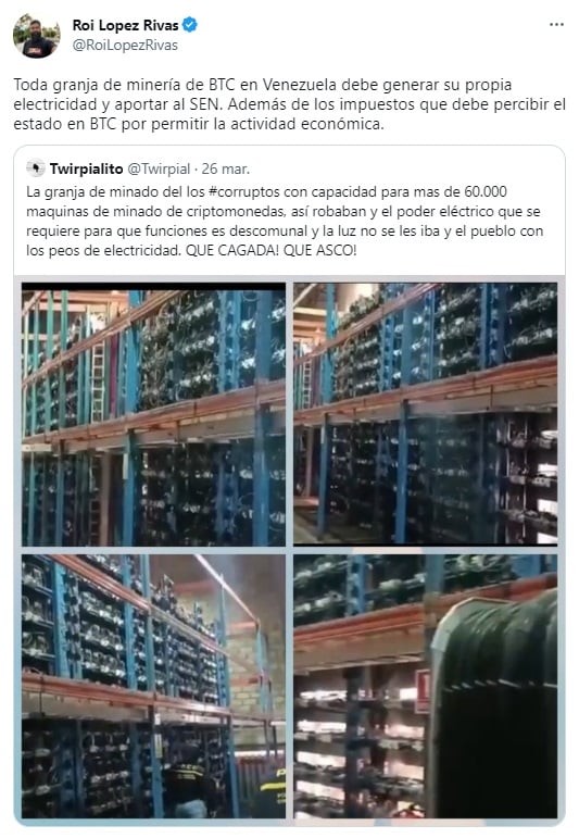 usuarios de twitter Roi Lopez Rivas comenta: Toda granja de minería de BTC en Venezuela debe generar su propia electricidad y aportar al SEN. Además de los impuestos que debe percibir el estado en BTC por permitir la actividad económica