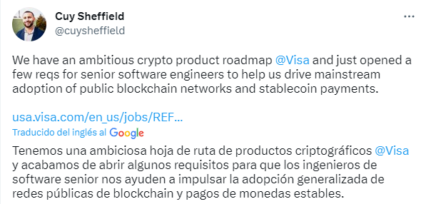 tuit del anuncio de Visa sobre contratación de desarrolladores de criptomonedas